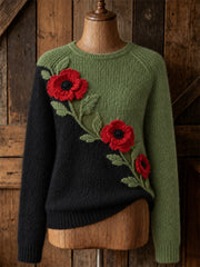Damen-Pullover mit klassischem Mohnblumen-Blumenmuster, Kontrastfarben und Rundhalsausschnitt