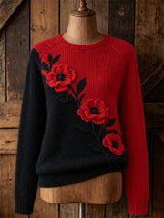 Damen Klassische Papaver aceae Floral Kontrast Farbdruck Rundhals pullover