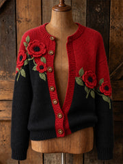 Strickjacke im Stil von Papaver aceae Strickjacke mit Blumenmuster für Damen