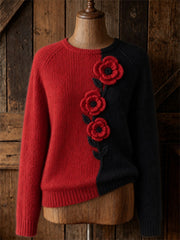 Damen-Pullover mit klassischem Mohnblumen-Blumenmuster, Kontrastfarben und Rundhalsausschnitt