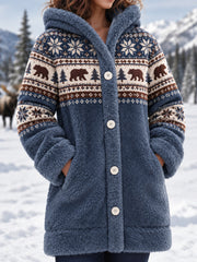 Damen Winter Bär Print Casual Flanell Kapuzen mantel