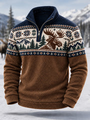 Herren-Winter-Flanellpullover mit Elchdruck und Reißverschluss, lässig geschnitten