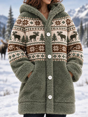 Damen-Wintermantel aus Flanell mit Elch-Print und Kapuze, lässig geschnitten