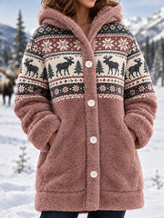 Damen Winter Elch Print Lässiger Flanell Kapuzen mantel