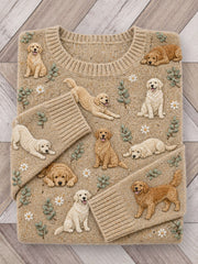 Damen Vintage Golden Retriever Hunde & Daisy Floral Print Pullover mit Rundhals ausschnitt