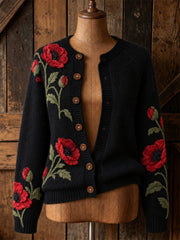 Damen-Strickjacke im Cardigan-Stil mit elegantem Mohnblumen-Blumenmuster