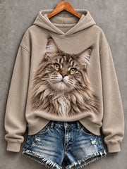Damen niedlicher Maine Coon Cat Print bequemer Kapuzen pullover