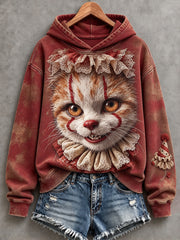 Damen Vintage Halloween Clown Cat Print Gemütlicher Hoodie