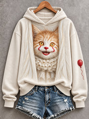 Kuscheliger Damen-Hoodie im Vintage-Stil mit Halloween-Clown- und Katzenmuster