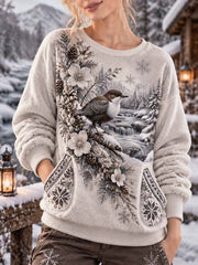 Damen Winter Little Bird Kunstdruck Sweatshirt