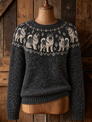 Damen Vintage Norwegischer Elkhound Hunde Yoke Isle Print Pullover mit Rundhals ausschnitt