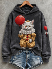 Kuscheliger Damen-Hoodie im Vintage-Stil mit Halloween-Clown- und Katzenmuster