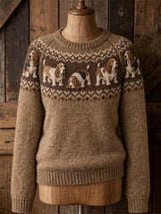 Damen Vintage Basset Hound Hunde Yoke Isle Print Pullover mit Rundhals ausschnitt