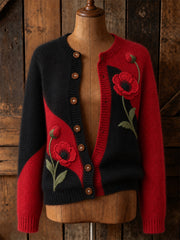 Damen-Strickjacke im Cardigan-Stil mit elegantem Mohnblumen-Blumenmuster und Kontrastfarben