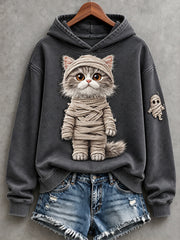 Damen Vintage Halloween Mumie Katze Print Gemütlicher Hoodie