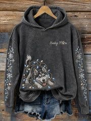 Weiblicher Husky-Mama-Weihnachtslichter- und Frecher-Hund-Print-Kuschelhoodie