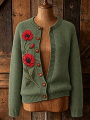 Damen-Strickjacke im Cardigan-Stil mit elegantem Mohnblumen-Blumenmuster