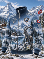Herrenjacke mit hohem Kragen und alpinem Gedenkgrafik-Print