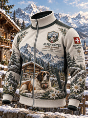 Herrenjacke mit hohem Kragen und alpinem Gedenkgrafik-Print