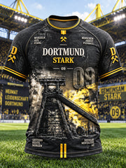 Herren-T-Shirt in Schwarz mit 3D-Druckmotiv von Borussia Dortmund, Bundesliga-Stil, lässig geschnitten