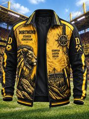 Herren-Gelbe Borussia-Dortmund-Fußballjacke mit Löwen-Print, lässig, mit Reißverschluss